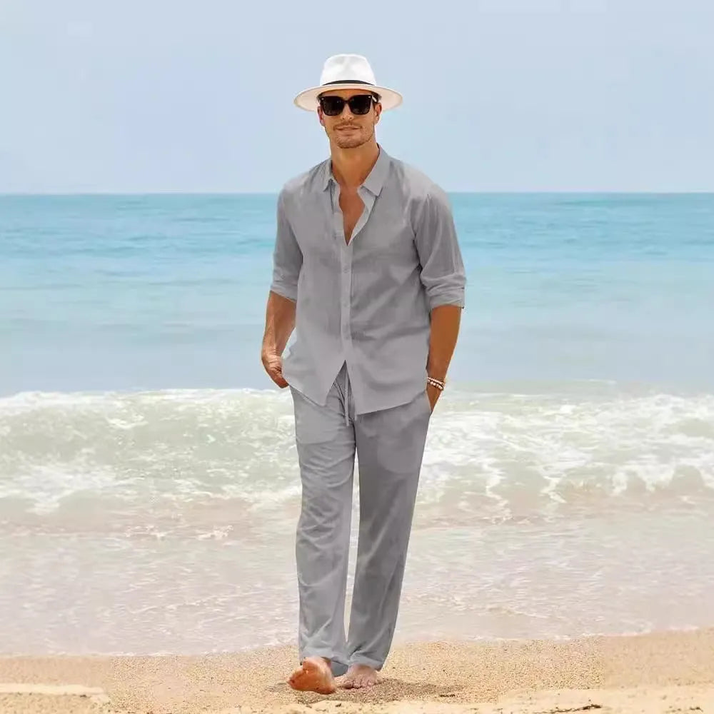 Men's cotton casual long sleeve top and trousers set in gray, available in sizes S to XXXL