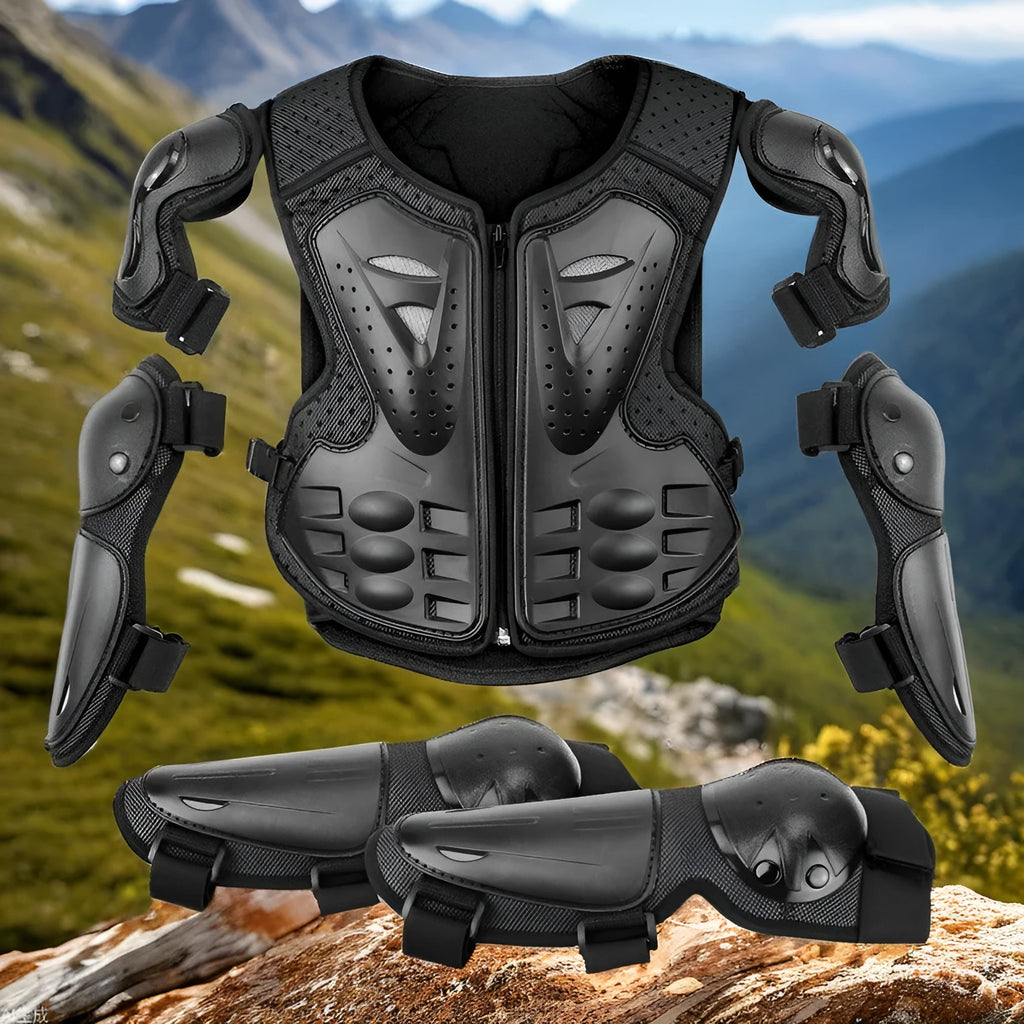 Children's five-piece motorcycle armour set in black, red, blue, orange, or green, free size
