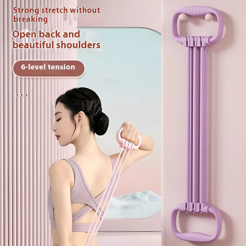 Adjustable chest expander pulling rope in blue, pink, or purple colours with six resistance levels