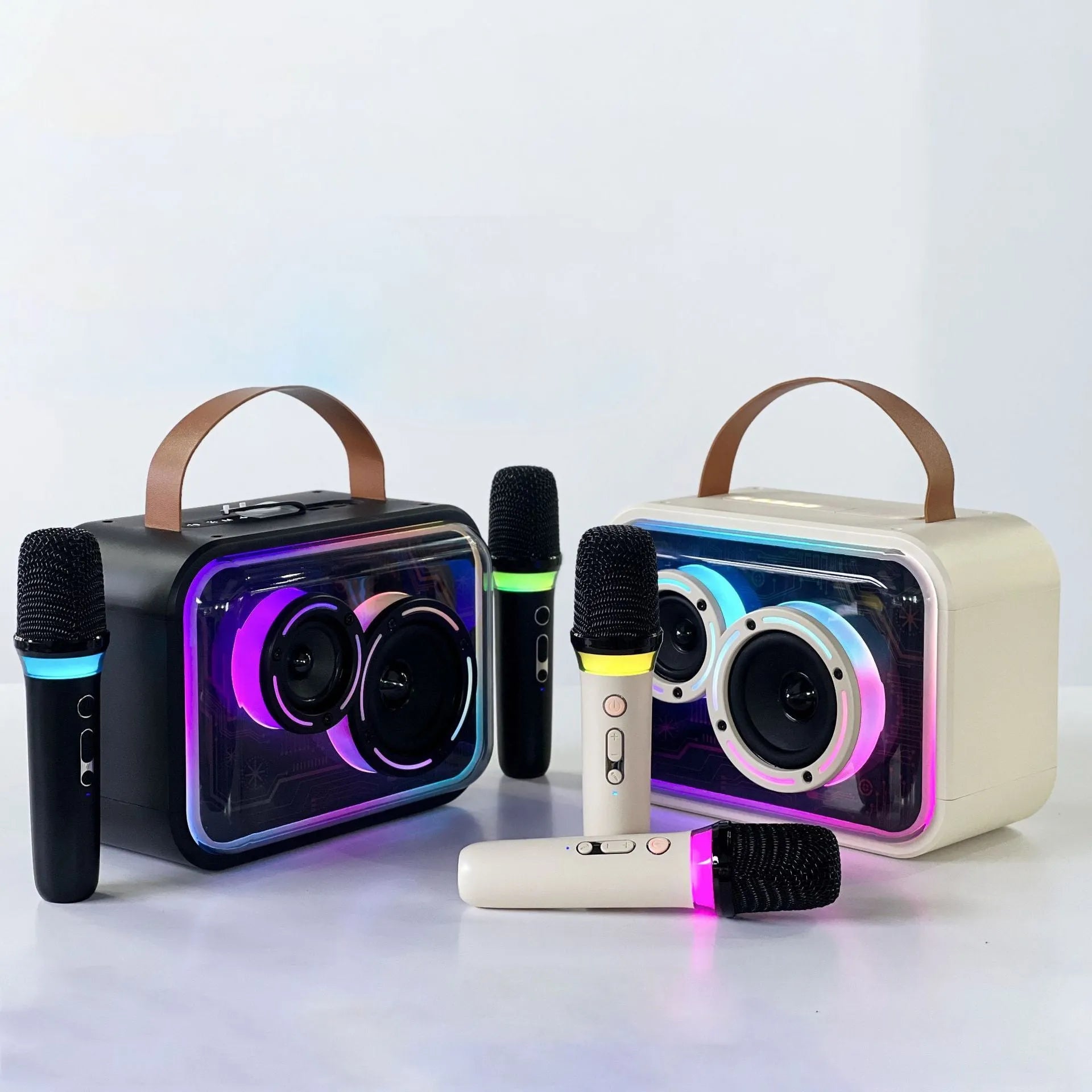Portable Bluetooth karaoke speaker with colourful RGB lighting in light yellow colour