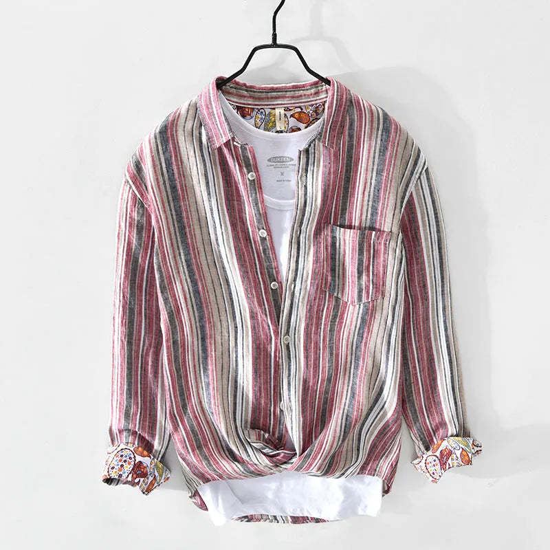 Men's grey striped linen shirt with long sleeves and loose fit casual design
