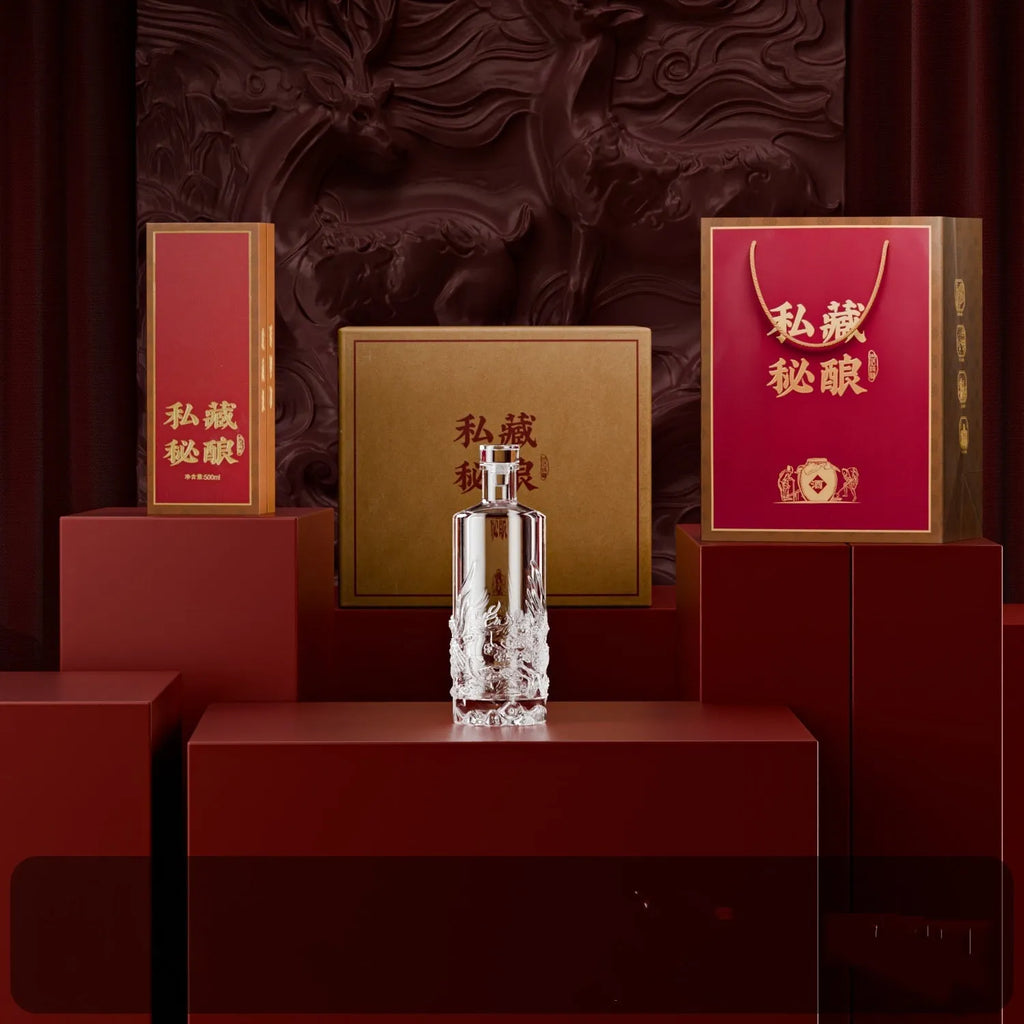 Two empty crystal glass wine bottles with two wine boxes and one handbag, traditional cylindrical shape for liquor