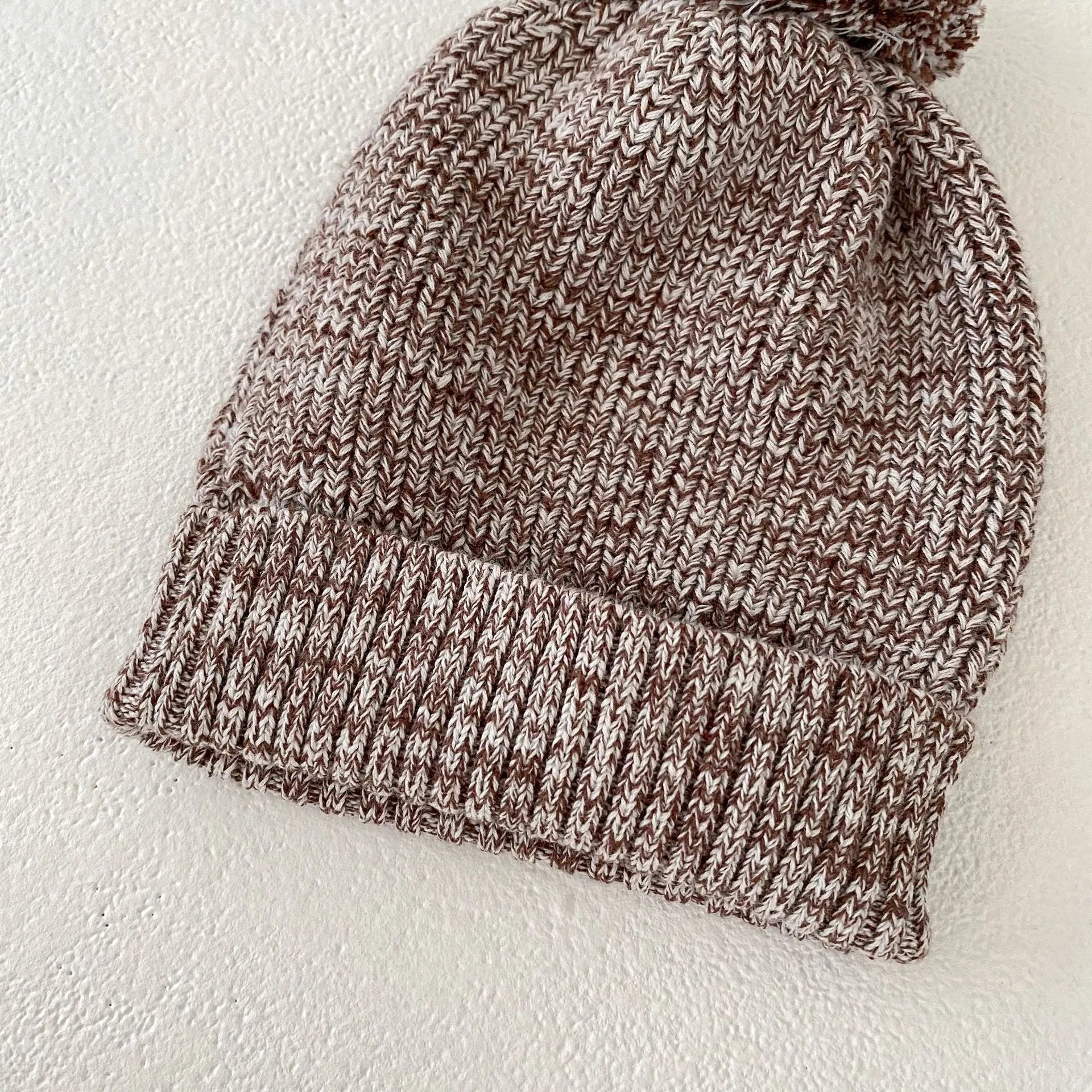 Infant baby girl dark brown cotton three-piece set with blouse, shorts and fur ball knitted hat