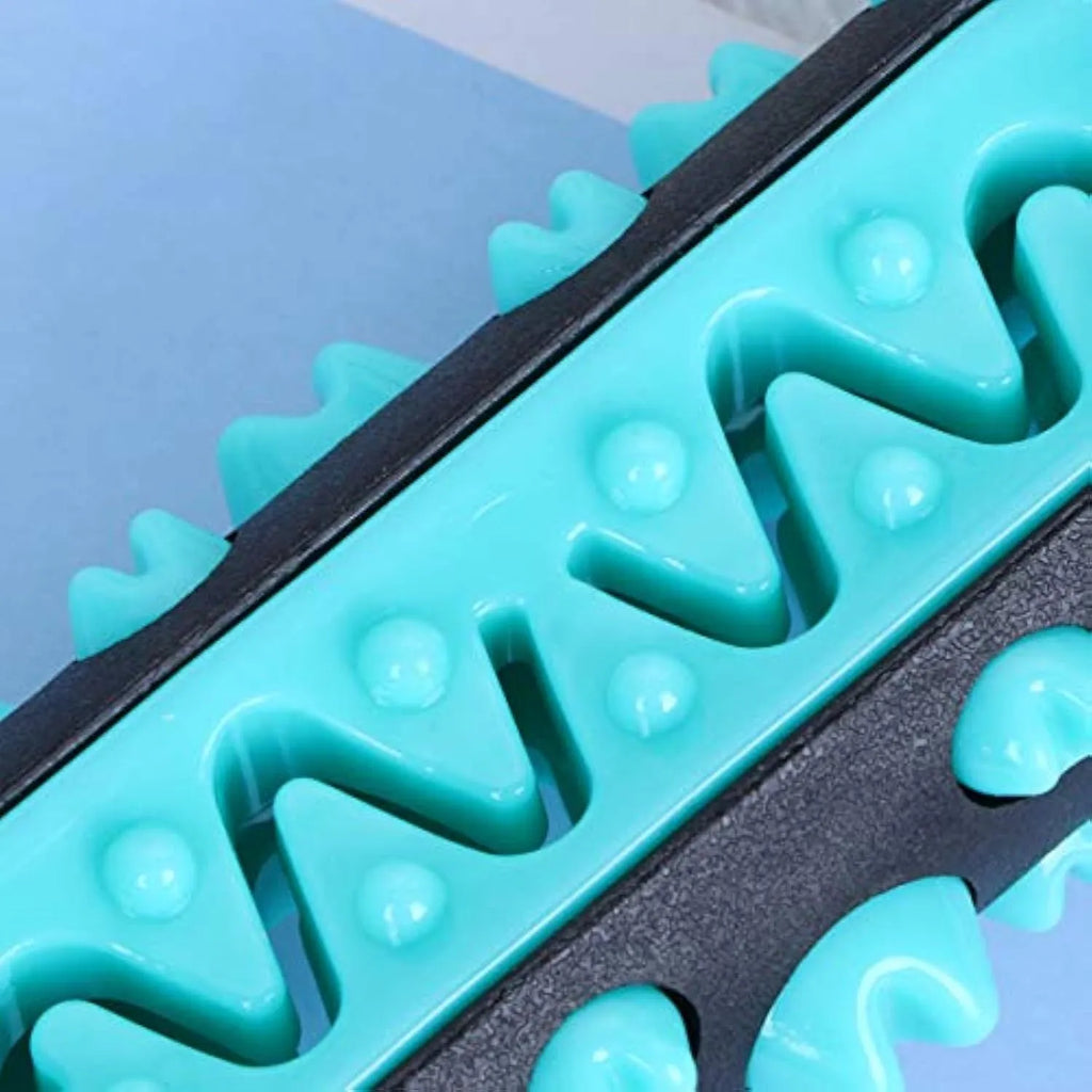 A natural rubber dog toothbrush chew toy in blue, measuring 15 cm long, for dental cleaning and play.