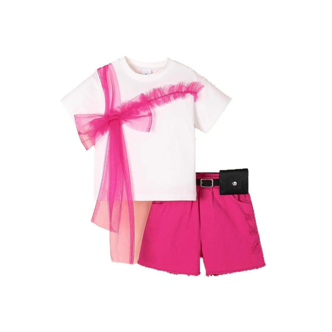 Girls rose red short-sleeved T-shirt with denim shorts and belt outfit set for 4Y to 7Y