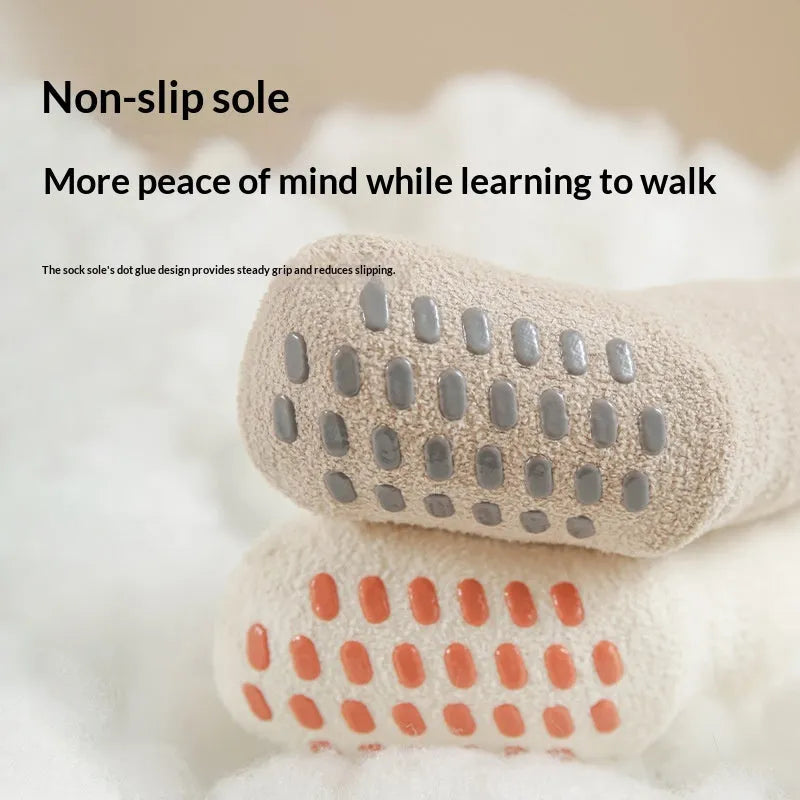 Children cartoon fleece-lined thickened winter home socks mid-calf polyester unisex pink colour