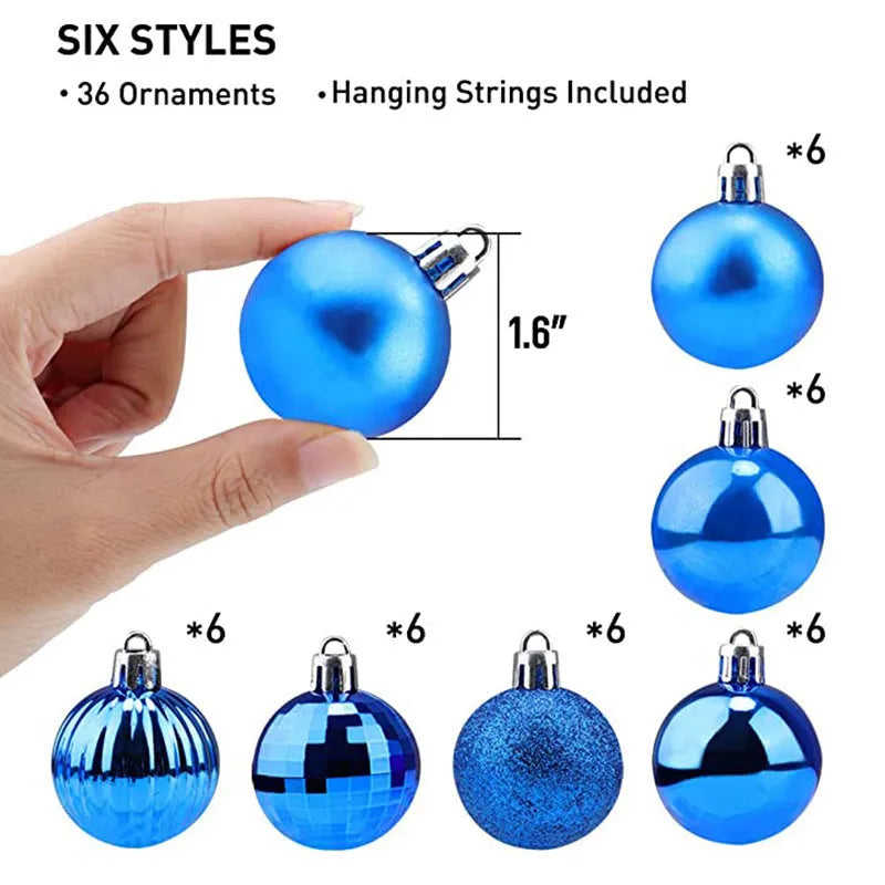 36 Christmas baubles whole box set with 4cm colour balls in red gold silver blue and other festive colours