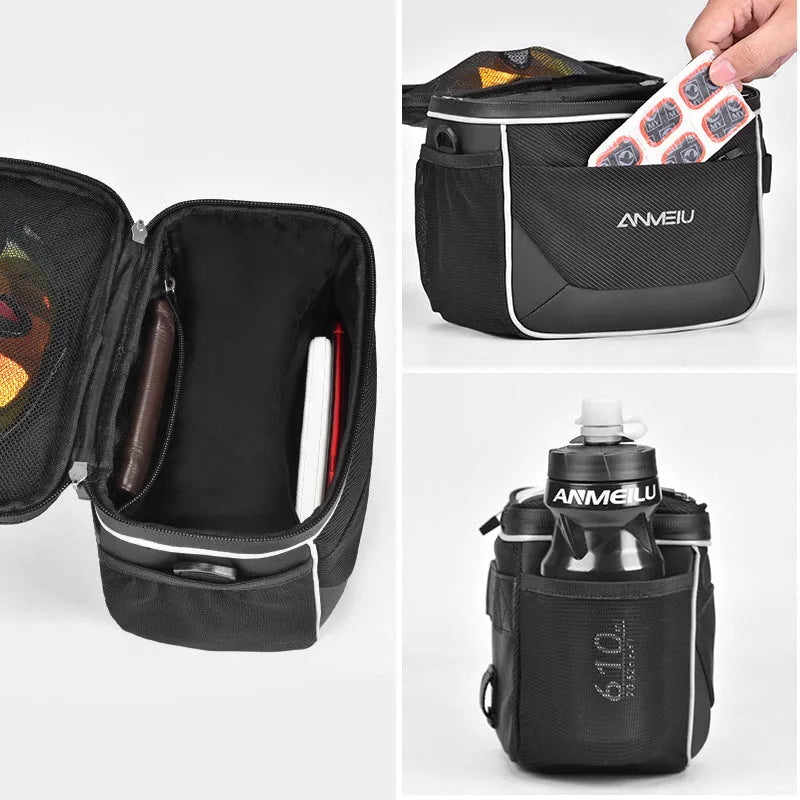 Black 7 inch polyester bicycle bag mounted on folding bike head tube