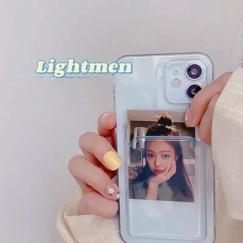 Transparent PVC phone case for iPhone with a built-in slot for credit cards.