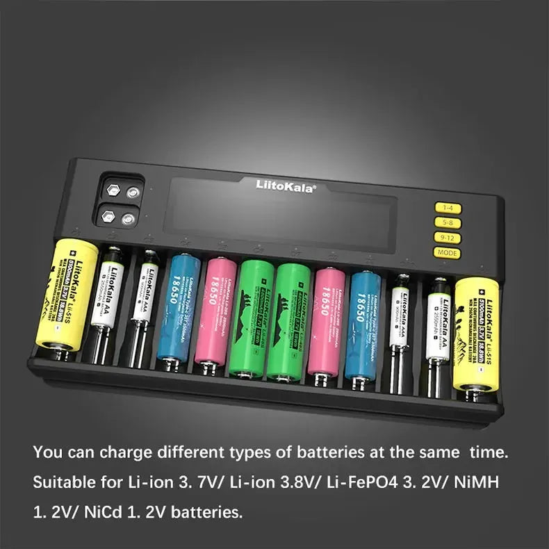 LiitoKala Lii-S12 12-slot LCD battery charger with black housing, size 28.7x14.3x3.5cm, for 18650 26650 AA AAA 9V batteries
