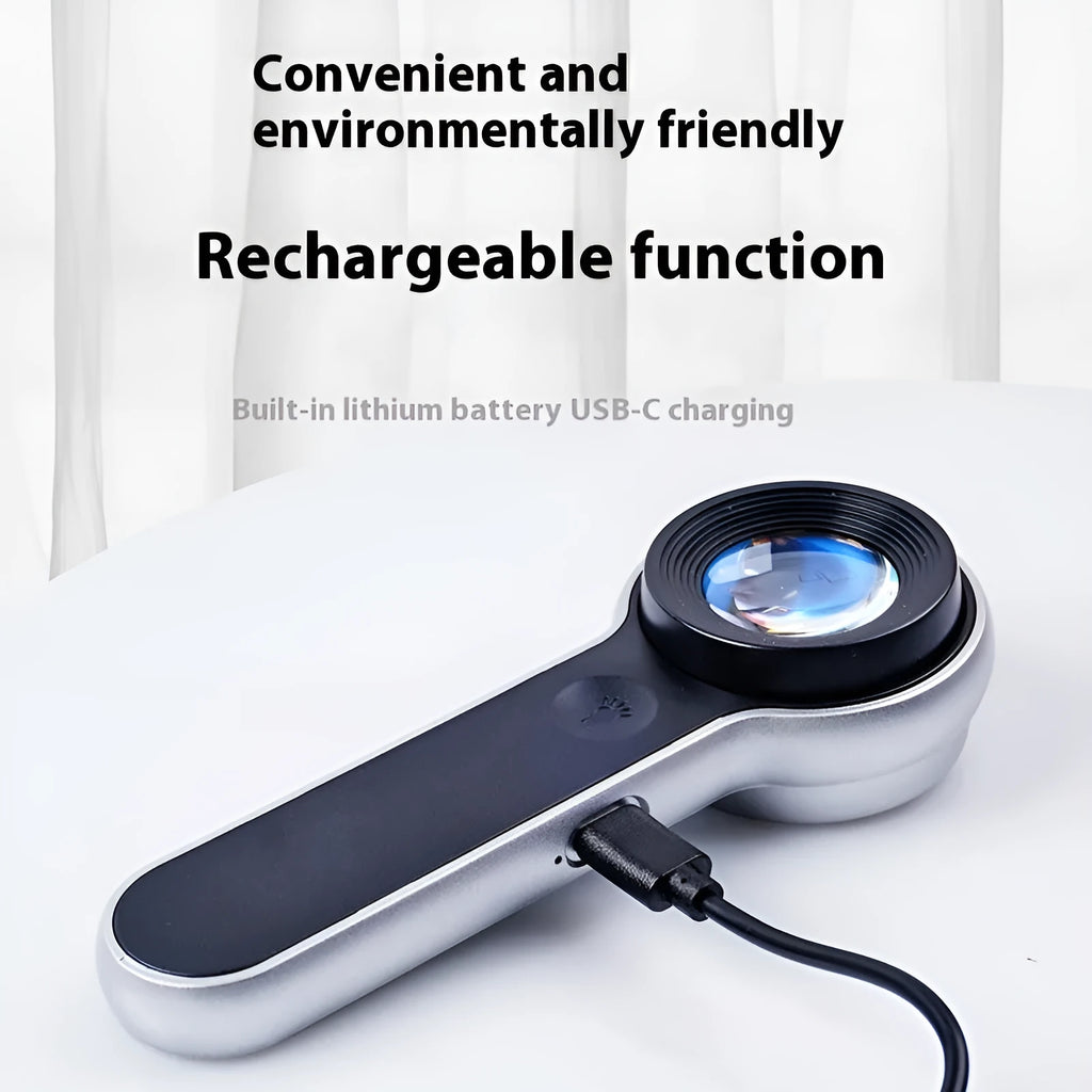 60x HD LED magnifying glass with USB charging in silver, showing illuminated lens and compact handheld design