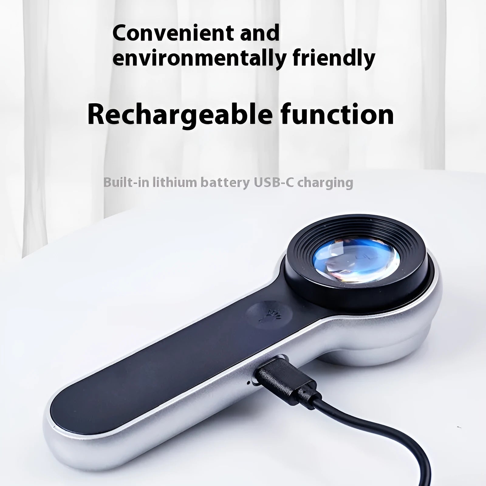 60x HD LED magnifying glass with USB charging in silver, showing illuminated lens and compact handheld design