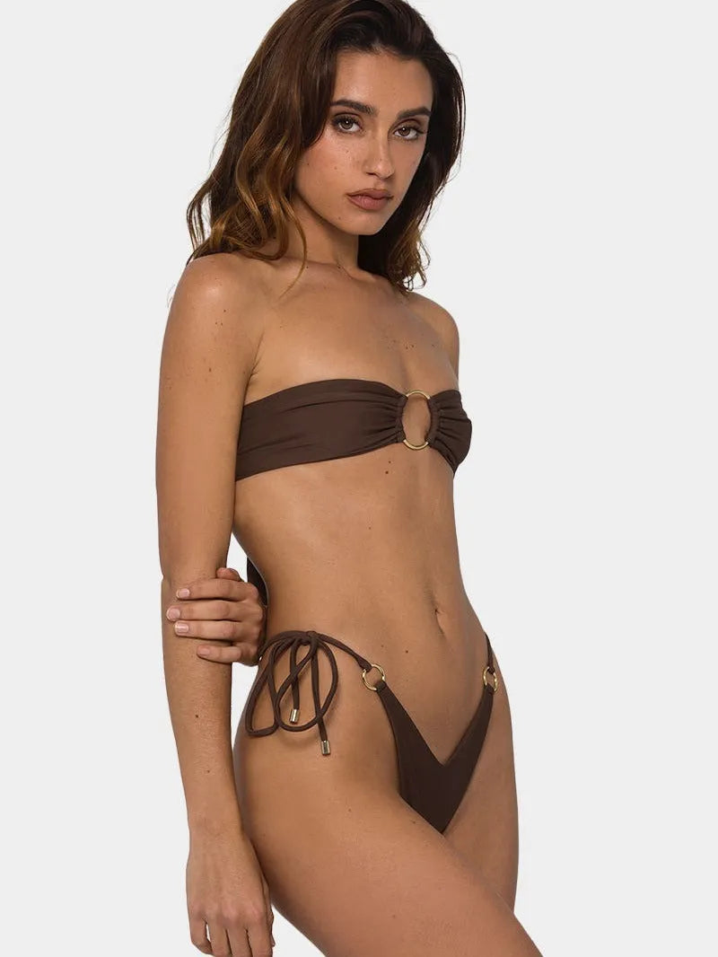 Brown women's tube-top bikini with adjustable halter neck strap and ring detail, shown with a split bottom.