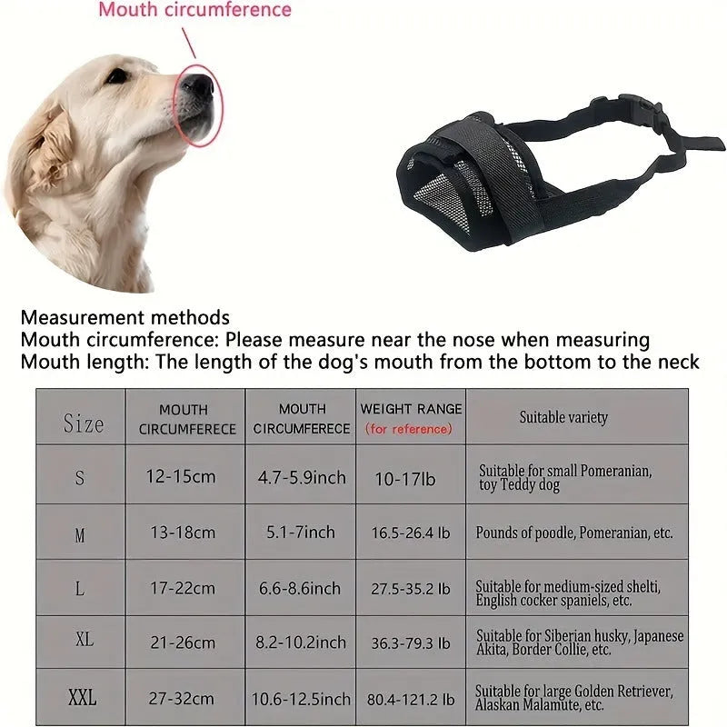 Black polyester dog muzzle anti-bite anti-bark with adjustable straps in five sizes L M S XL XXL