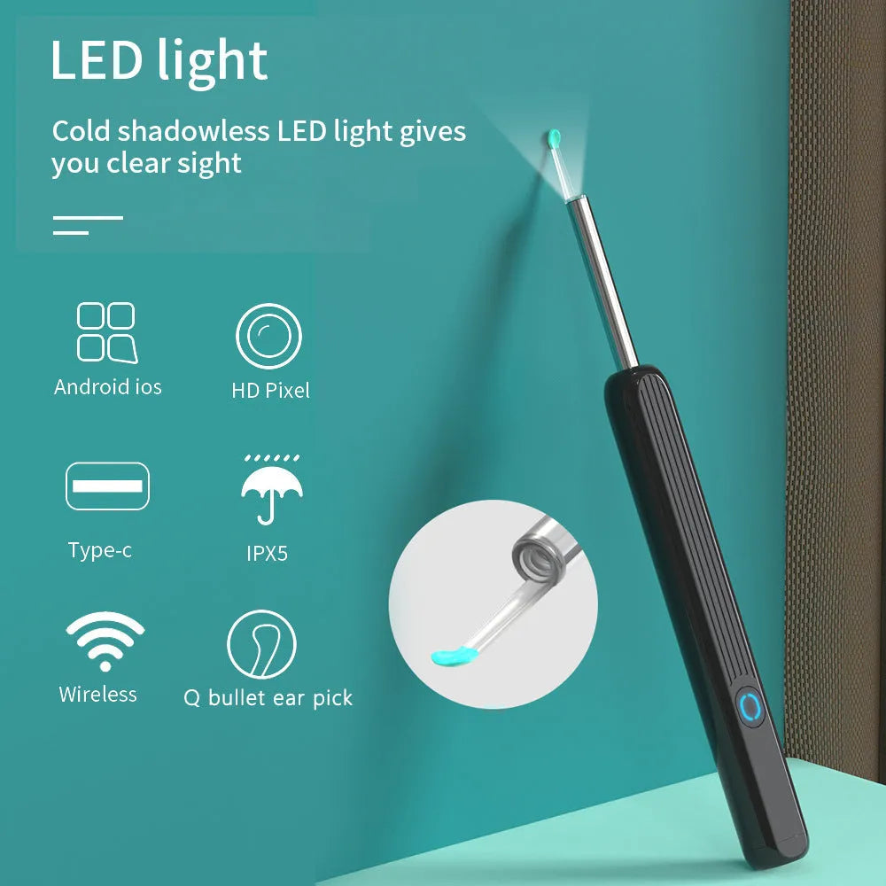 NE3 wireless otoscope ear cleaner with camera, LED light, and spoon heads on a white background.