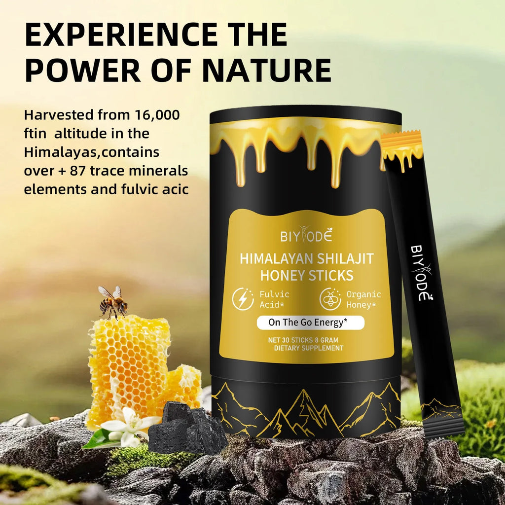 Bottle of 30 shilajit honey sticks with honey, shilajit extract, and saffron for energy support