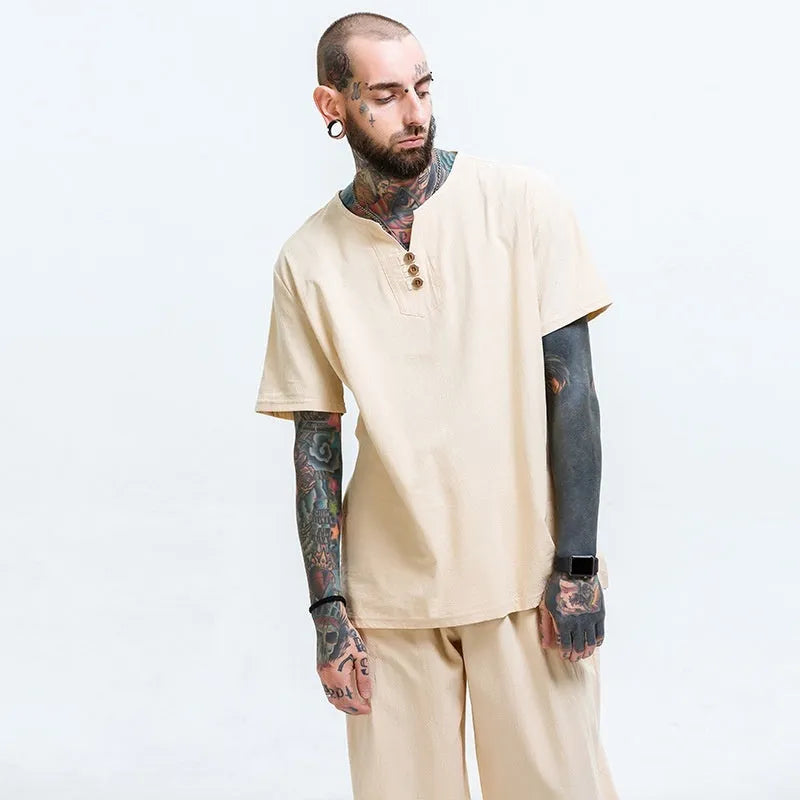 Men's loose cotton and linen T-shirt in apricot colour showing short sleeves and pullover style