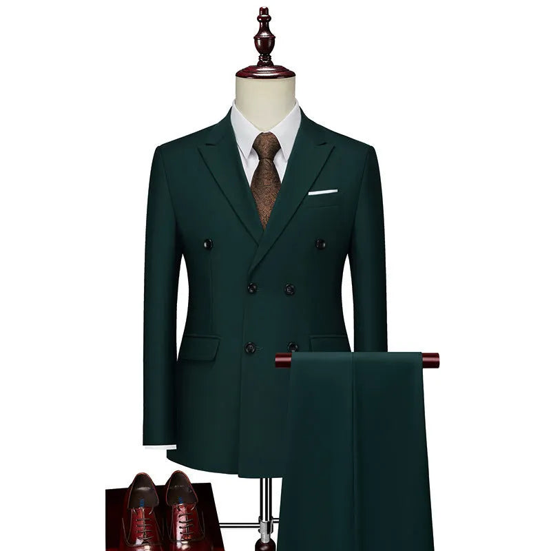 Men's double-breasted corduroy and linen suit set in dark blue, slim fit, with coat and trousers.