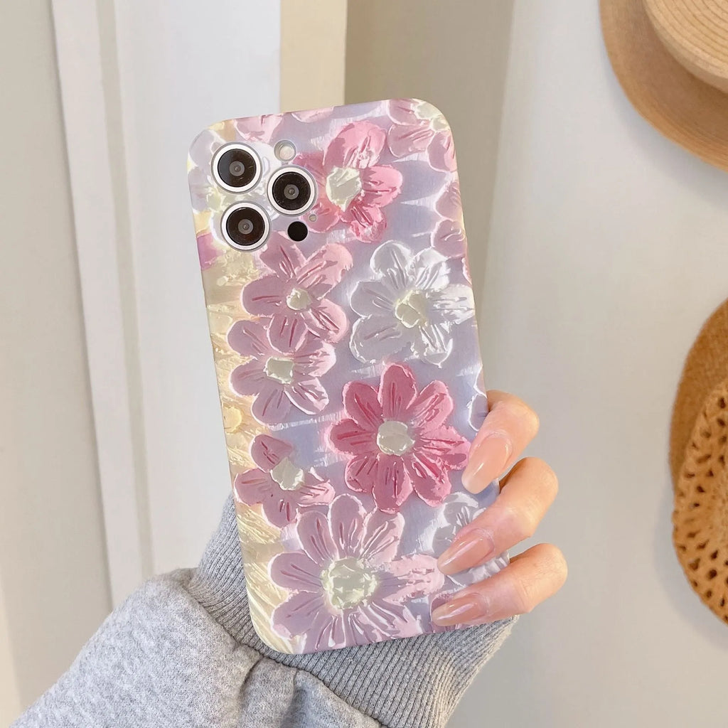 Pink silicone liquid oil painting flower phone case for iPhone rear cover protection