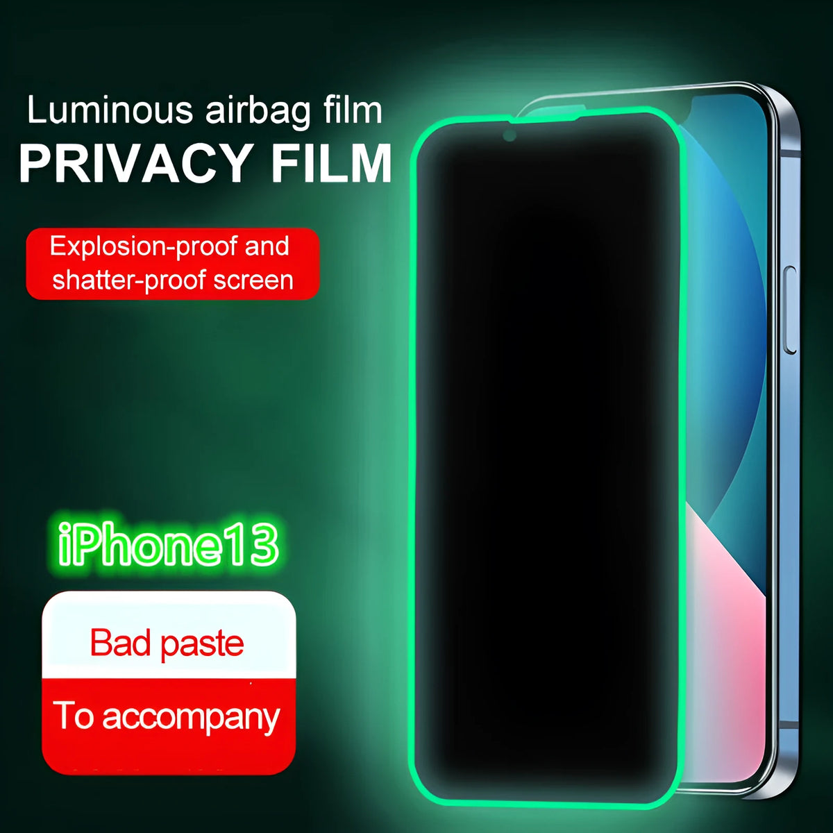 Tempered glass iPhone screen protector with luminous silicone soft edge, HD or privacy film, and locator