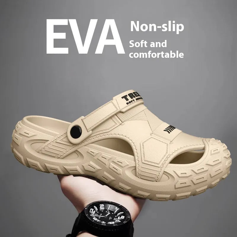 Men's khaki hollow-out EVA slippers with non-slip sole on a sandy beach