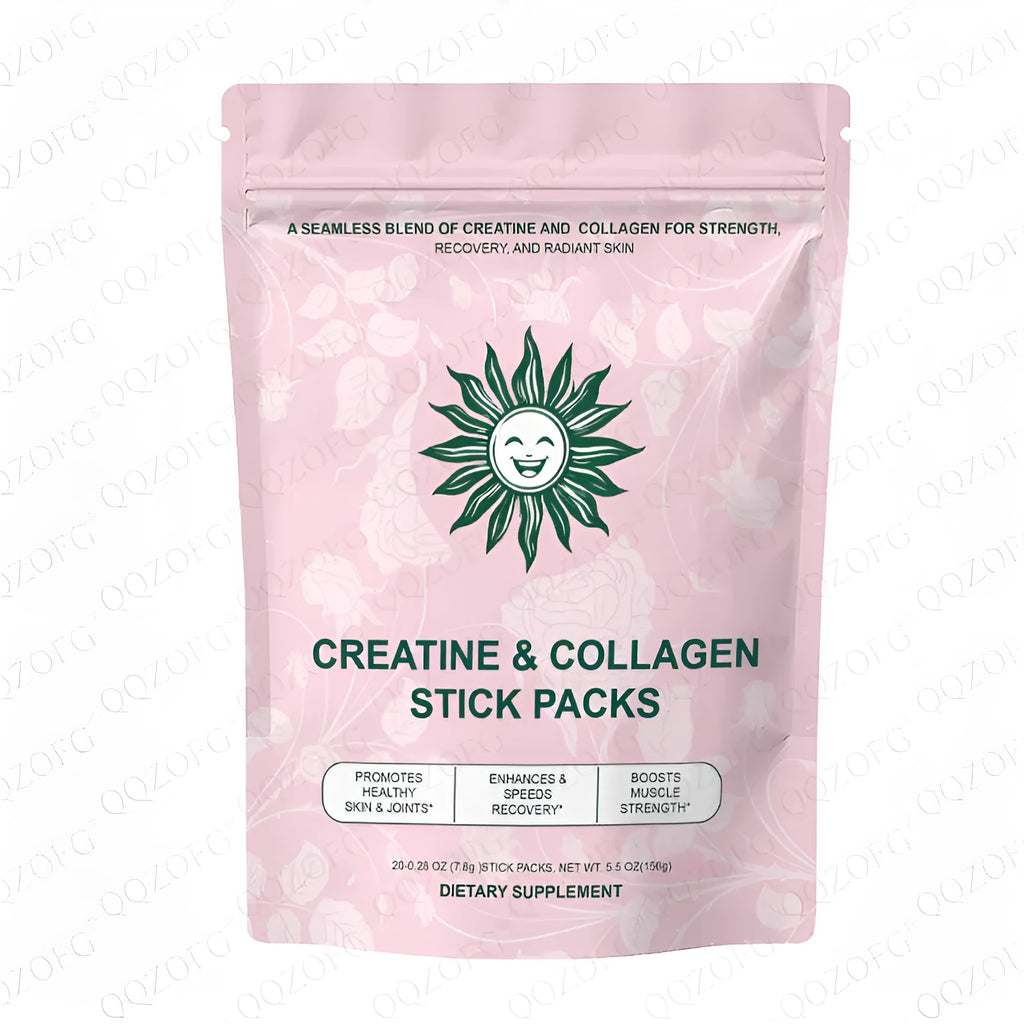 Creatine and collagen stick pack with 20 sticks, 7.8g each, showing powder with raspberry-lemon flavour and soft pink colour