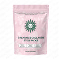 Creatine and collagen stick pack with 20 sticks, 7.8g each, showing powder with raspberry-lemon flavour and soft pink colour