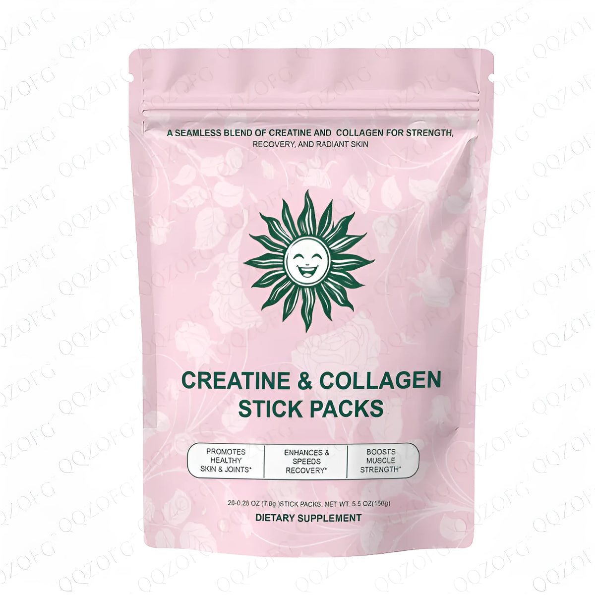 Creatine and collagen stick pack with 20 sticks, 7.8g each, showing powder with raspberry-lemon flavour and soft pink colour