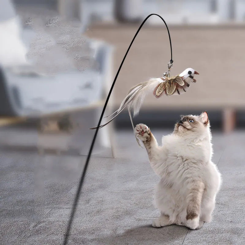 Cat teaser stick with steel wire rod and feather attachment on PVC handle