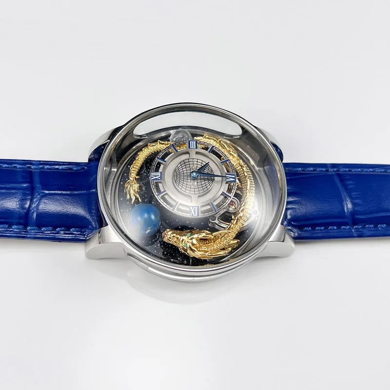 Blue dial quartz watch with sapphire crystal, leather band, and stainless steel buckle on white background