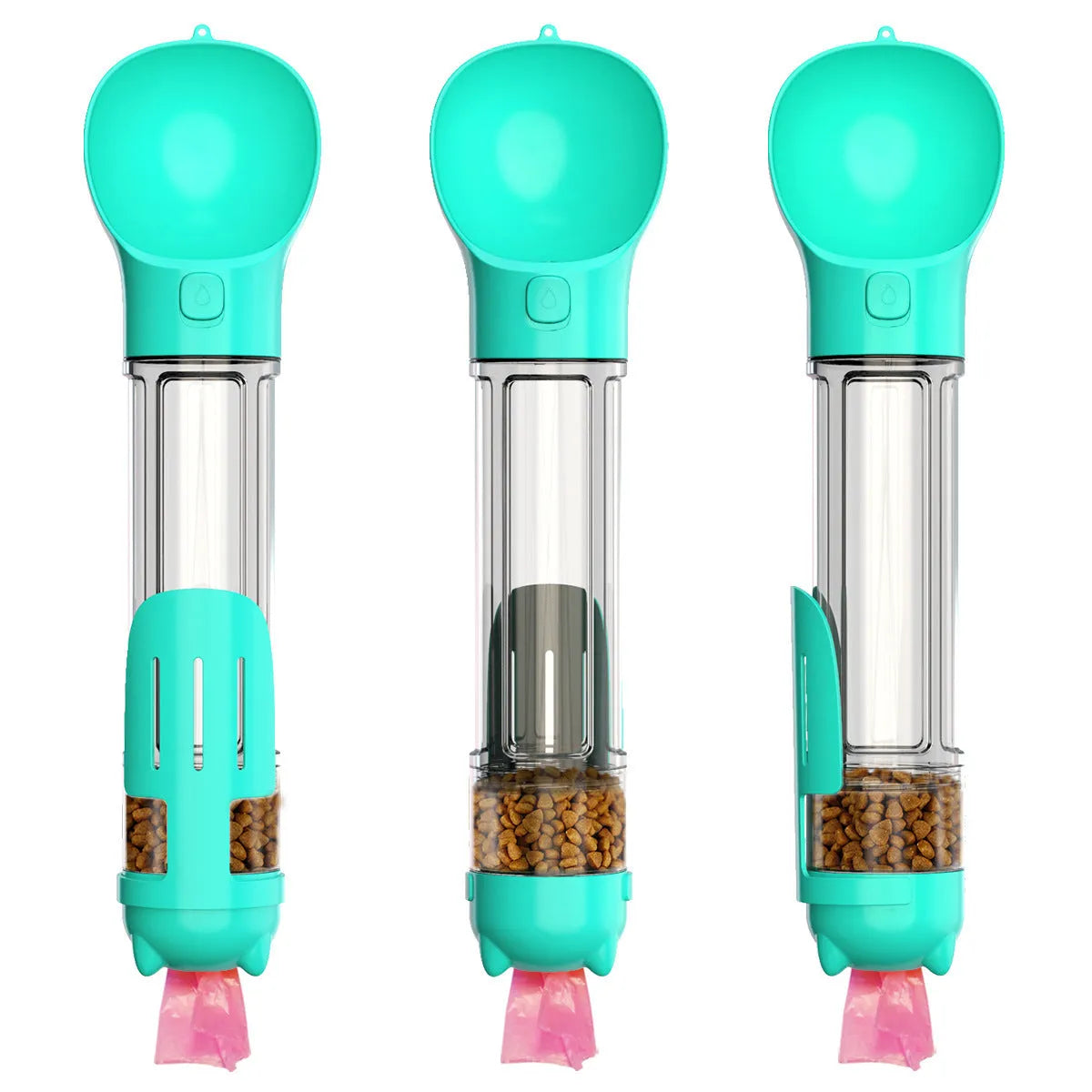 Portable 3-in-1 dog water bottle with poop dispenser and treat holder, 300ml capacity in aquamarine