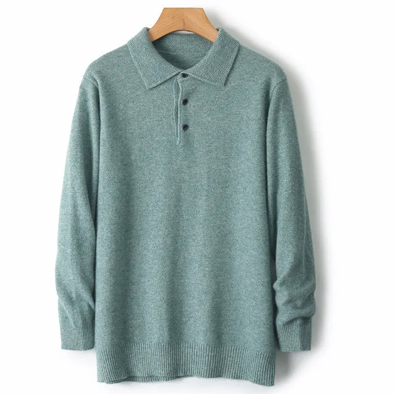 Men's grey polo collar wool blend pullover sweater on a hanger