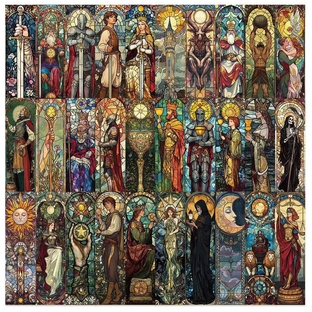 Portable Home set of 30 painted glass tarot themed paper bookmarks in cute handmade style.