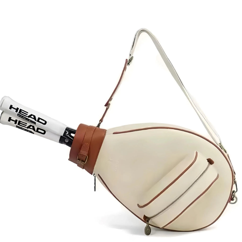 Retro leather badminton bag for women with a single shoulder strap, shown in purplish white colour.
