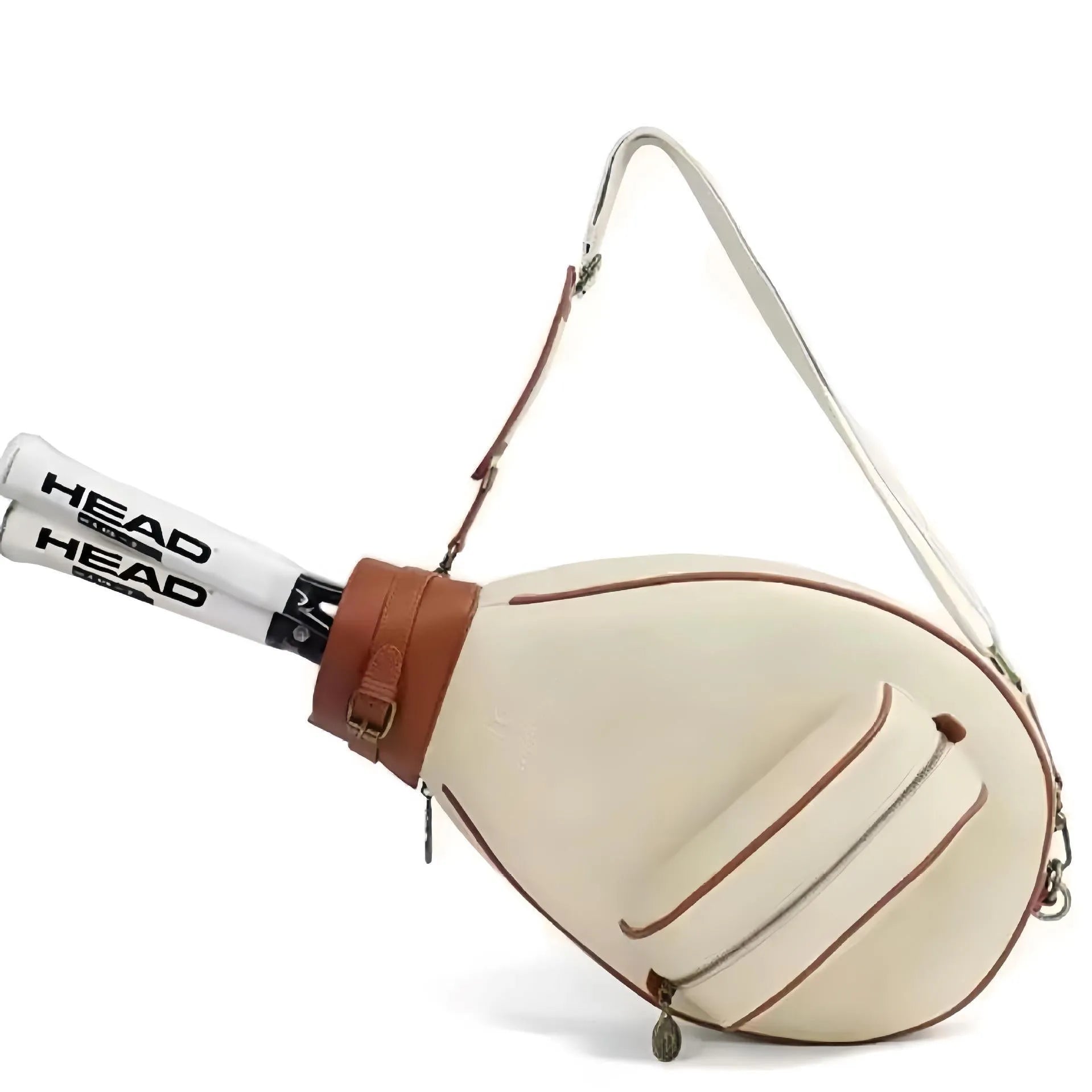 Retro leather badminton bag for women with a single shoulder strap, shown in purplish white colour.