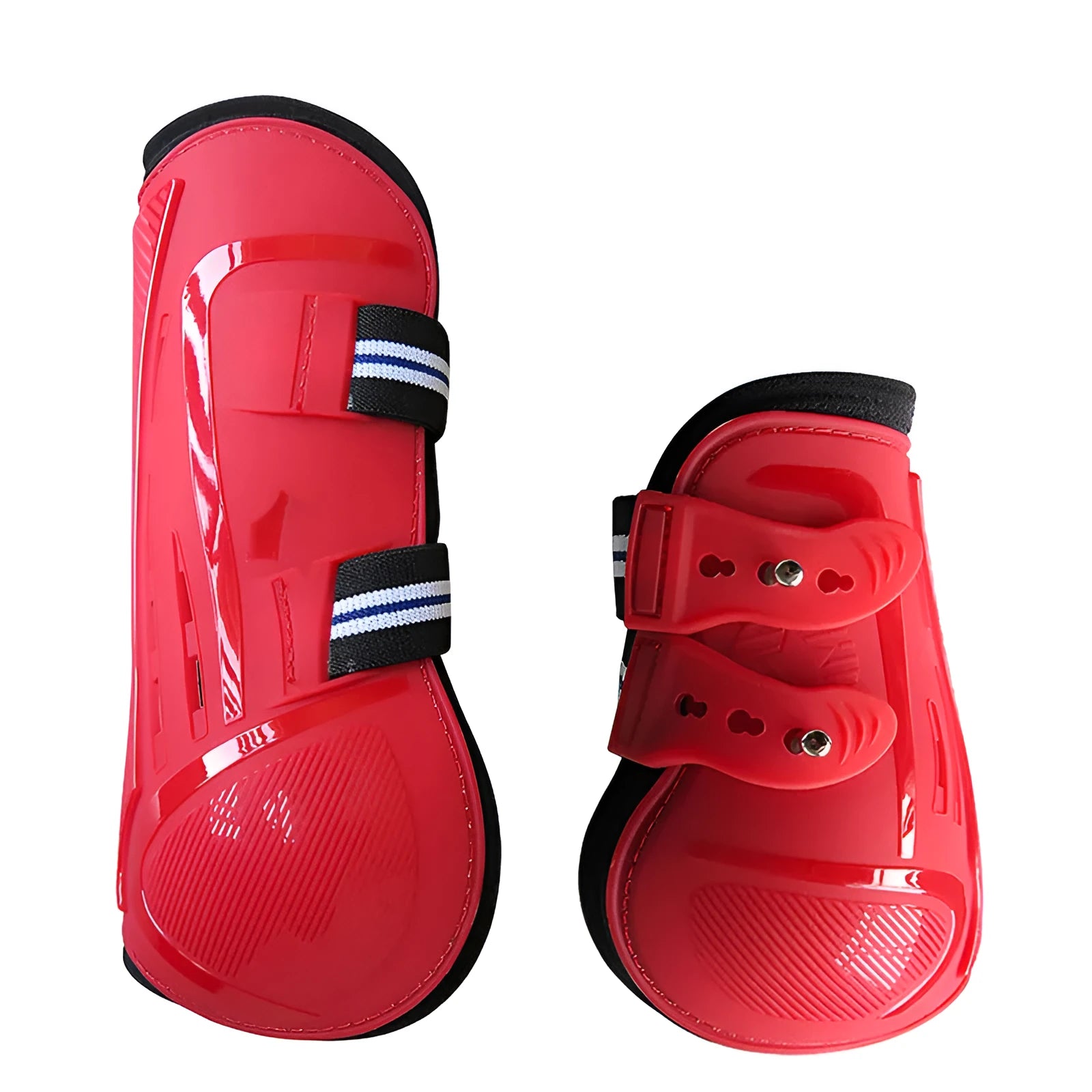No 9 Colour Barrier horse leg guards showing hard PU shell, neoprene lining, and air holes in a blue set.