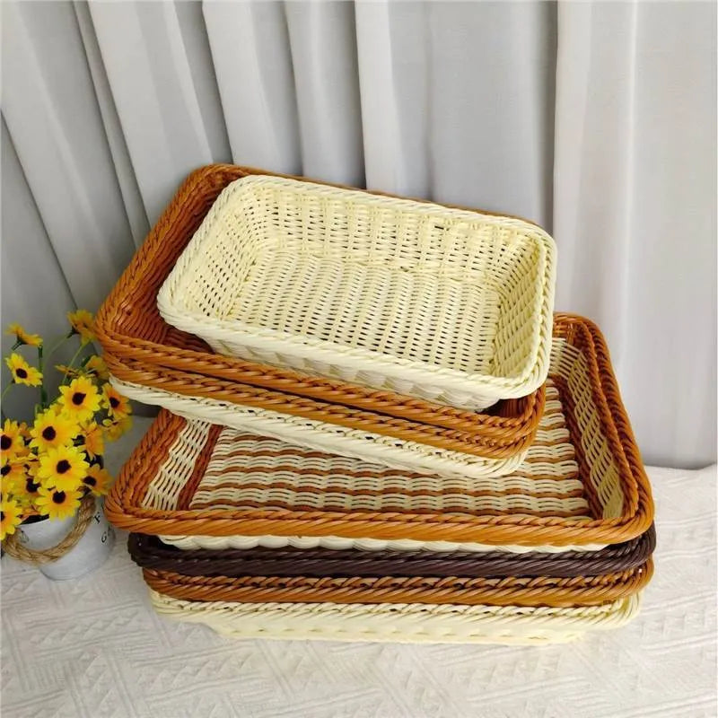 Rattan-like PP fruit and vegetable display snack storage box in brown colour, 35x25x7cm