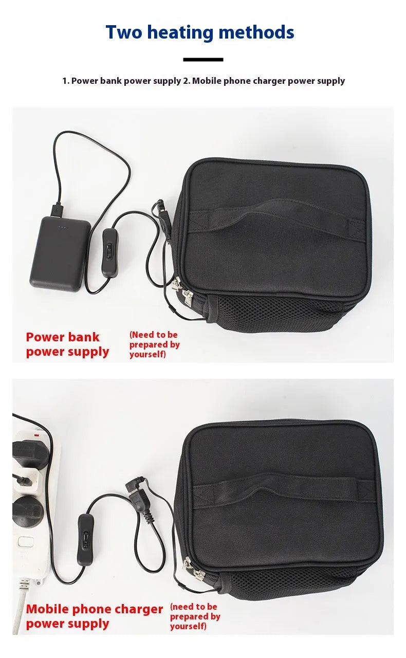 Black USB heating lunch thermal bag with Oxford cloth construction and power connection