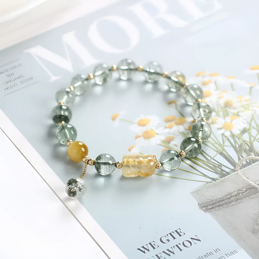 Green phantom quartz crystal bracelet with 8mm beads and gold rutilated quartz inclusions