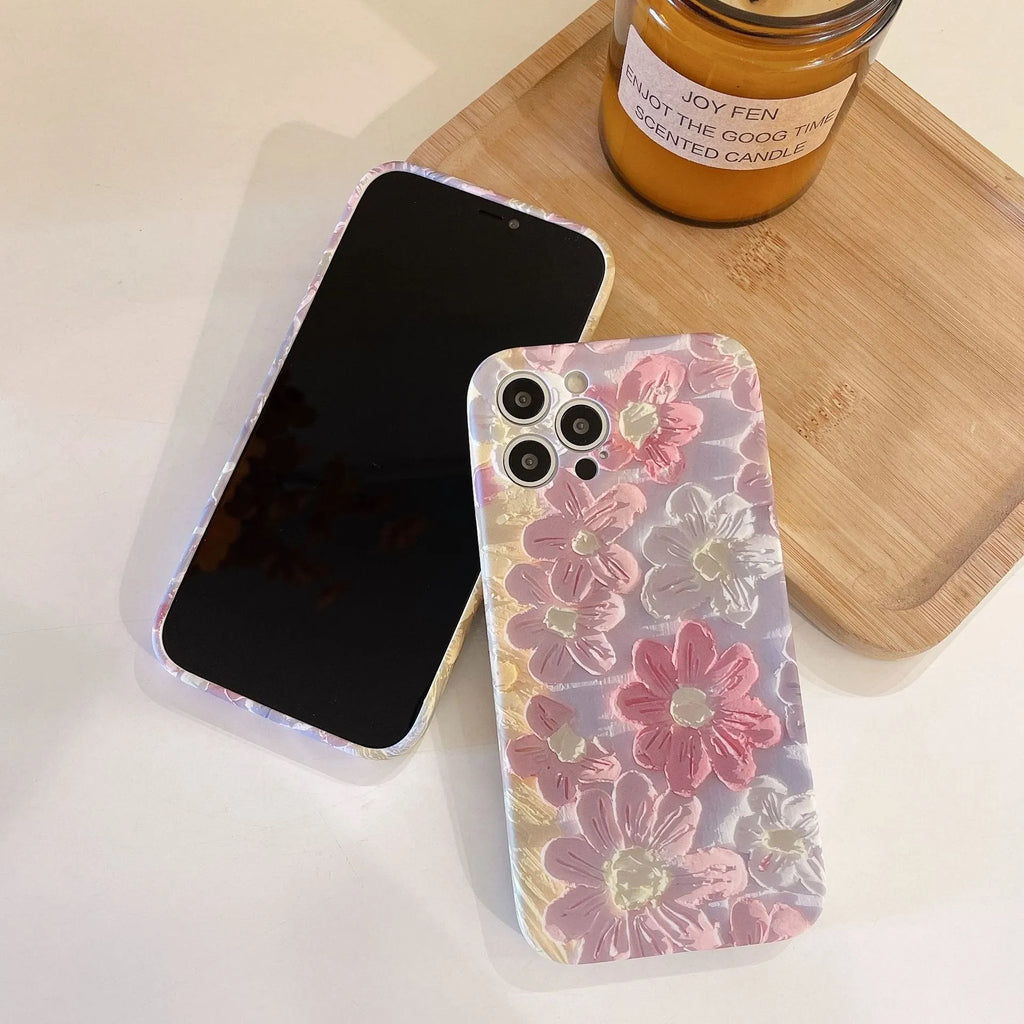 Pink silicone liquid oil painting flower phone case for iPhone rear cover protection
