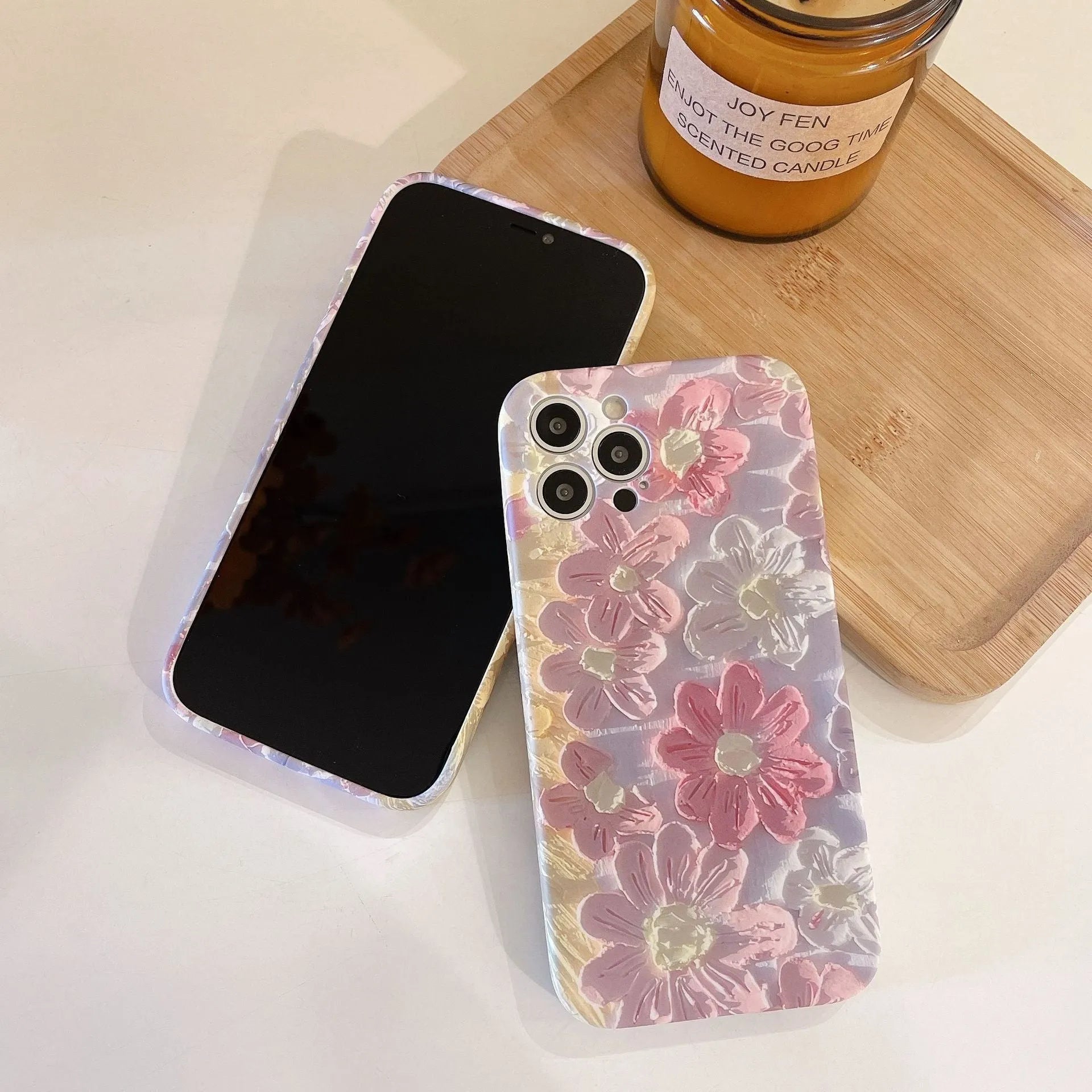 Pink silicone liquid oil painting flower phone case for iPhone rear cover protection