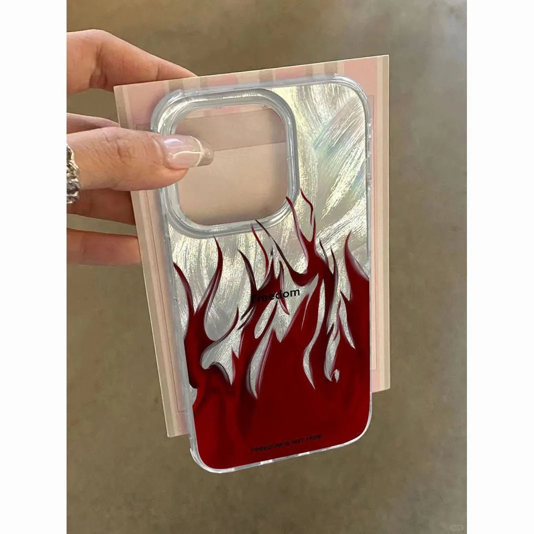 Silicone iPhone case featuring a red and blue floral flame design on a dark background.