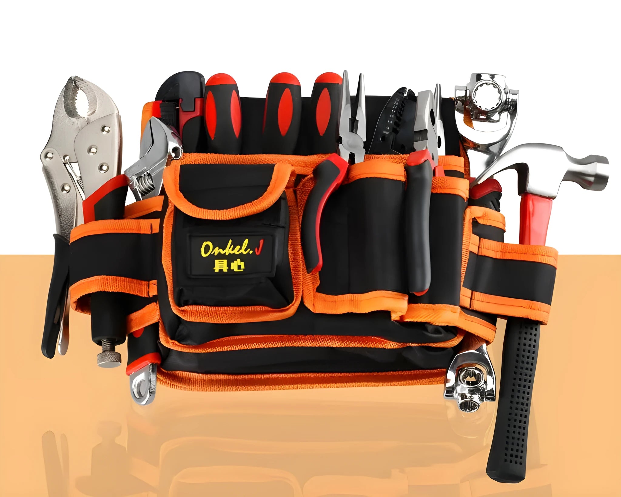 Orange canvas tool belt bag with 564mm size and 10kg capacity, construction site use
