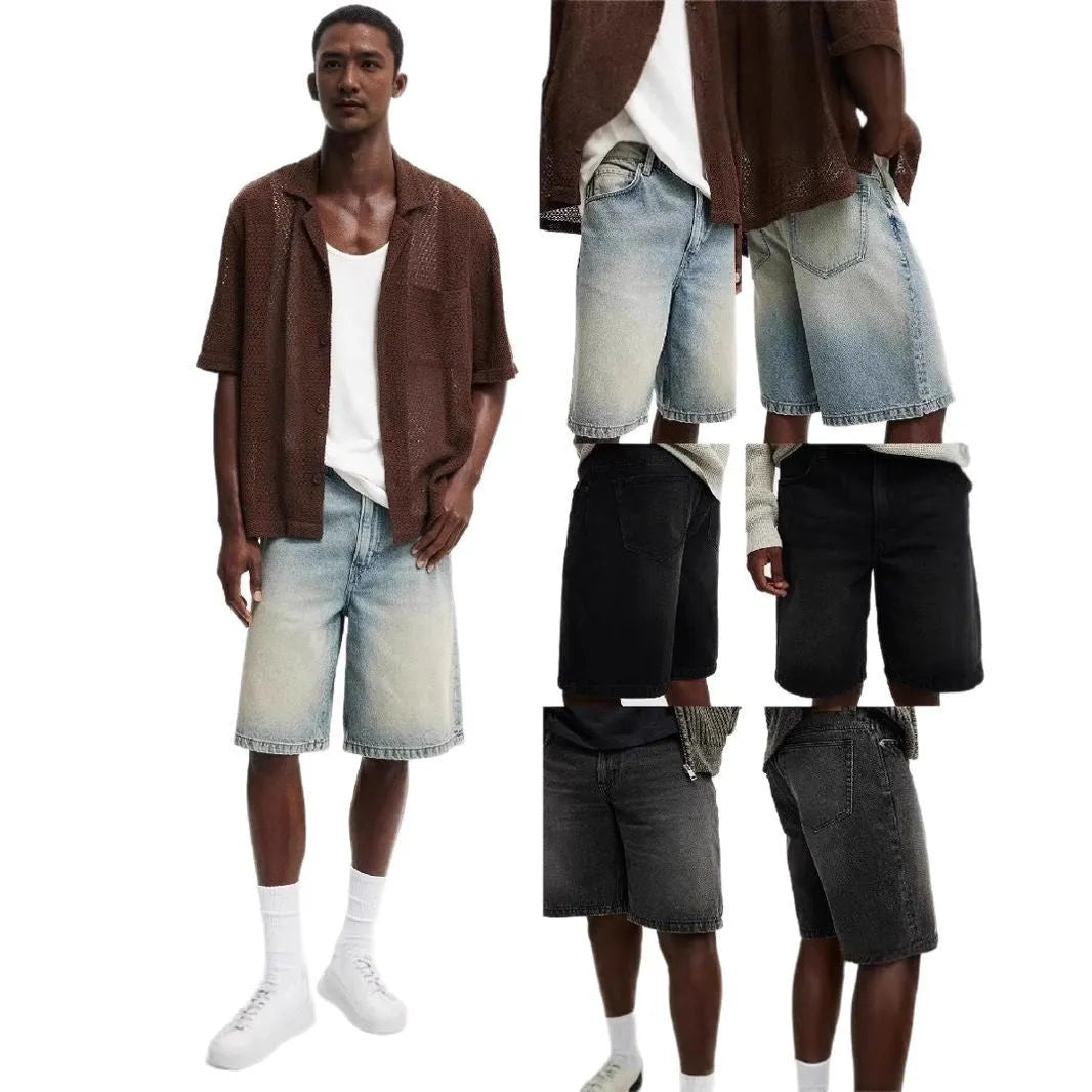 Men's loose straight-leg light blue cotton denim jeans on a white background