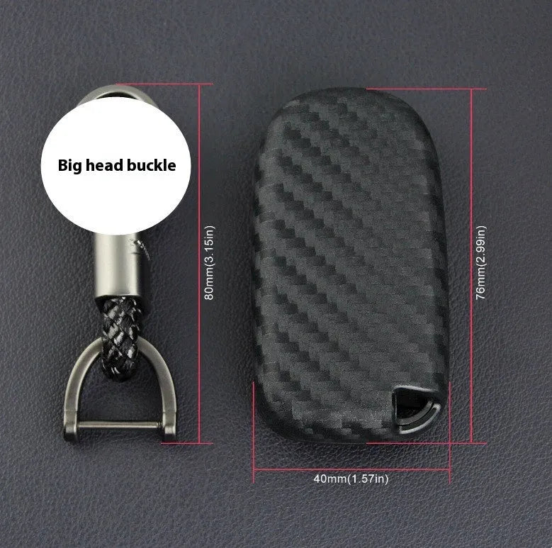 Carbon fibre pattern silicone protective case for a Dodge, Chrysler, or Fiat car key remote with a large head buckle.