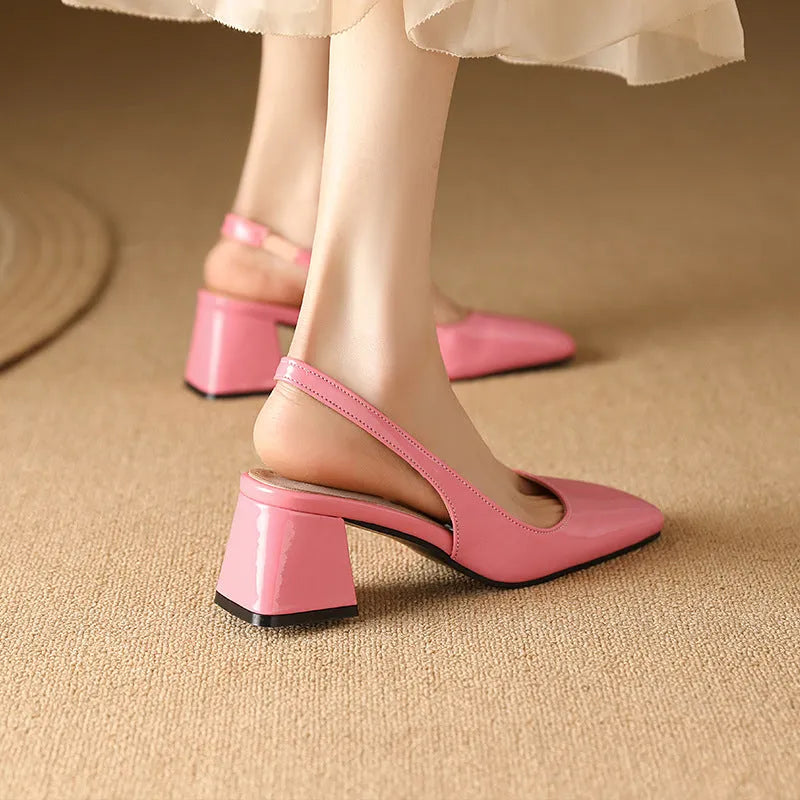 Women's square toe slip-on sandals with buckle in apricot, black, and pink, PU upper, rubber sole.