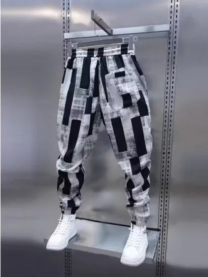 Men's Ice Silk loose trousers in black with high waist drawstring and ankle strap straight leg for summer