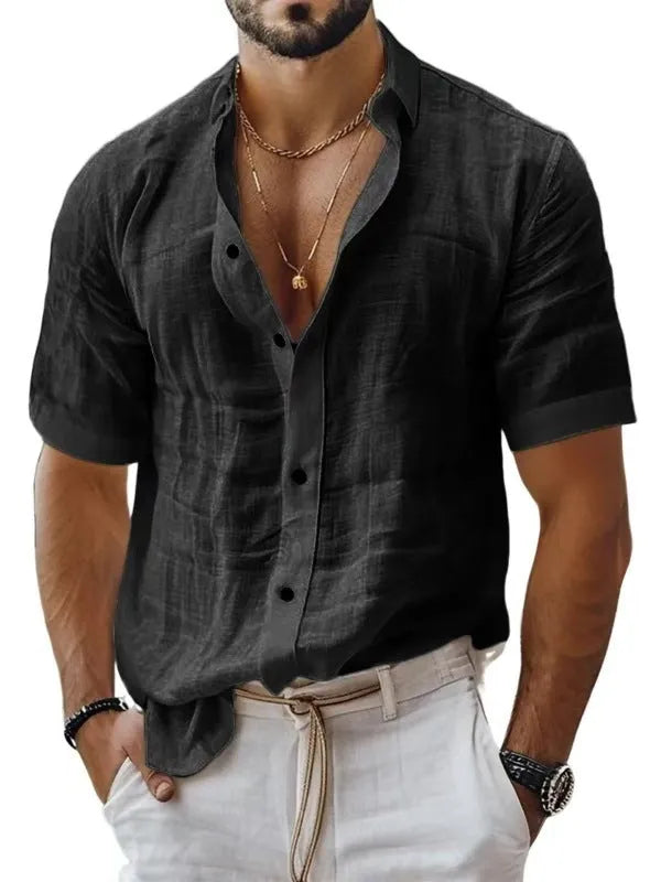 Men's short sleeve lapel shirt in a solid colour, showing cardigan style and polyester fabric.