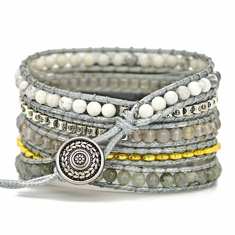 Natural stone beaded crystal watch band in bohemian style with three size options for 5.5 to 8.1 inch wrists