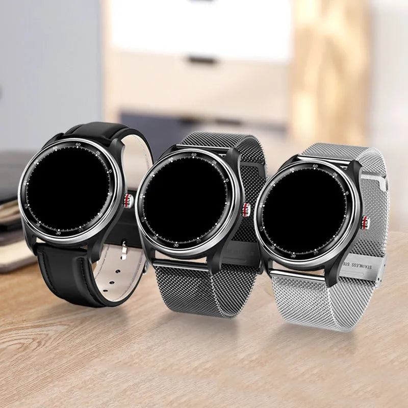 Heying smart bracelet men's sports watch with metal body and touch/button control, showing step counter and heart rate monitor functions.